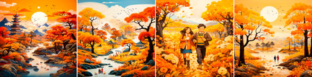Collage of 4 photos Beautiful autumn landscape with traditional Chinese architecture. People in traditional Chinese clothing enjoy autumn leaves. The photo captures a peaceful atmosphere.の素材