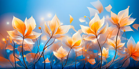 Beige background with autumn leaves and shining stars. Transparent layers add depth to the design. Light yellow and light silver colors create a warm and cozy atmosphere.の素材