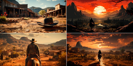 Collage of 4 photos A famous scene from a Western film, shot from behind. A cowboy rides a horse in a Wild West town. An authentic depiction of the cowboy culture and lifestyle.の素材