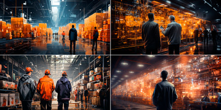 Collage of 4 photos Artificial intelligence technology is used to create realistic scenes of workers in factories. Provides a unique perspective on the manufacturing process.の素材