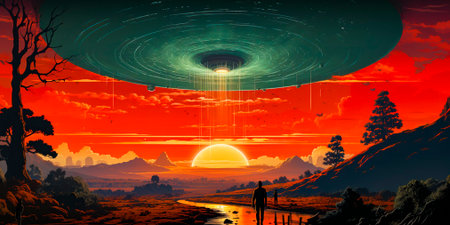 Man watching a UFO flying in the sky. Concept of alien invasion and sightings. Imaginary evidence of extraterrestrial activity.の素材