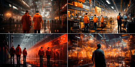Collage of 4 photos Artificial intelligence technology is being used to create realistic animations of workers in factories. Improve safety training using immersive simulations.の素材