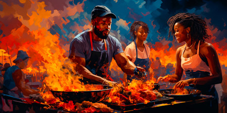 Grilling classic American dishes such as hot dogs and burgers. Celebrate with refreshments and fireworks in the backyard. Friendly competition with cornhole or other outdoor games.の素材