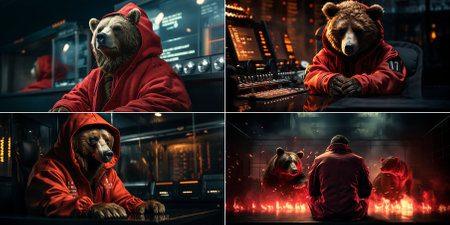 Collage of 4 photos. A unique and colorful psychedelic portrait of a bear eating a bottle of wine. A rich color palette that makes the work visually vibrant. Creative and eye-catching design,の素材