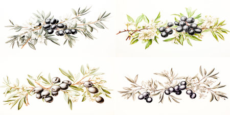 Collage of 4 photos. Black and white drawing of an olive branch with olives. Elegant and timeless design. Perfect for adding a touch of nature to any project.の素材