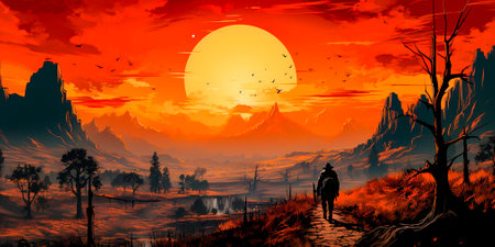 A famous scene from a Western film, shown from behind. A cowboy rides a horse through a Wild West city. Evokes nostalgia for classic westerns. Ideal for fans of the Wild West genre.の素材