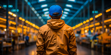 Artificial intelligence created a digital image of a worker in a warehouse. The worker is shown wearing a blue jacket and yellow hat for easy identification. Digital art showcasing modern technologyの素材