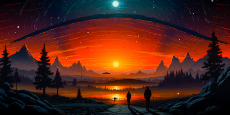 Man watching a UFO flying in the sky. Concept of alien invasion and sightings. Imaginary evidence of extraterrestrial activity.の素材