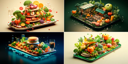 Collage of 4 photos. balanced nutrition with illustrations. Learn how to create a healthy and sustainable diet. Discover new ways to incorporate balanced nutrition into your daily routine.の素材