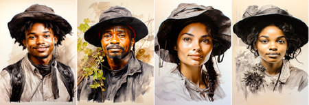 Collage of 4 photos. Black and white drawing of a man in a beret. Detailed and expressive work.の素材