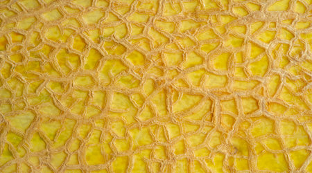 Under direct light, the melon's webbed rind reveals a puzzle of fine lines and soft color gradations, merging warm yellow hues with cool green tints for a vivid display.の写真素材