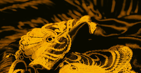 Flowing gold-stitched fabric intertwines with shadowy folds, revealing ornamental motifs that dance across the surface. A subtle glow highlights each delicate contour, exuding elegance.の写真素材