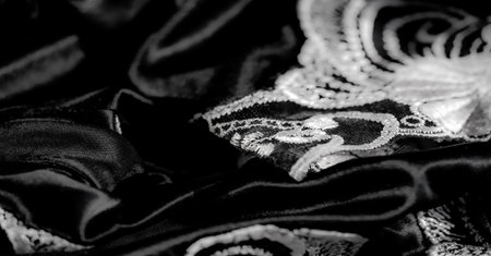 This detailed shot captures the rich texture of black fabric with intricate white embroidery,...