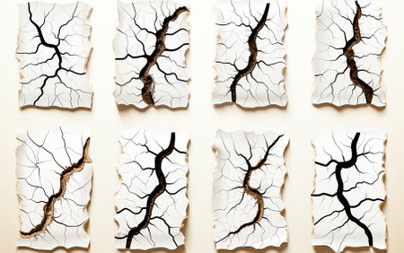 Vector collection of designs with cracked surfaces. Includes various styles and patterns. Ideal for giving an aged look to any project or design. Great for creating modern, bold aestheticsの素材