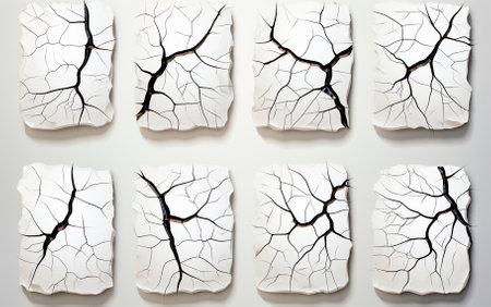 Vector collection of designs with cracked surfaces. Includes various styles and patterns. Ideal for giving an aged look to any project or design. Great for creating modern, bold aestheticsの素材
