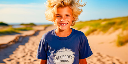 Beautiful blonde on the beach, lifestyle, photography, sea green theme, high quality image for marketing purposesの素材