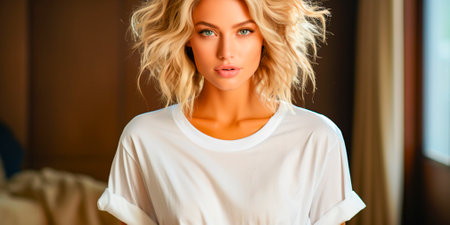 A beautiful photo of a blonde on the beach. Perfect for advertising beachwear or summer fashion. Conveys a carefree and relaxed atmosphere.の素材