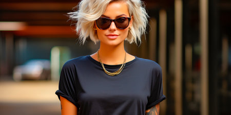 Beautiful blonde woman on the beach, lifestyle, photography, dark blue color scheme, high quality image for marketing purposesの素材