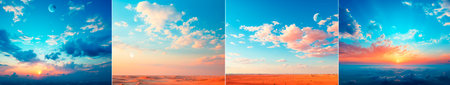 Collage of 4 photos. Unique and calm design inspired by the sky. Tonal color scheme for a complete image. Conveys the beauty of nature in a minimalist style.の素材
