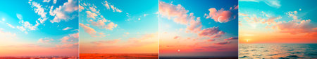 Collage of 4 photos. Beautiful and calming images of the sky. Tonal color scheme for a calming effect. Conveys the beauty of nature above the clouds.の素材