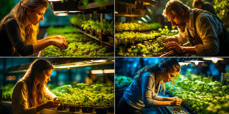 Collage of 4 photographs. Using genetic engineering to study plant DNA. Growing plants in a controlled hydroponic environment. Studying the effects of different growing conditions.の素材