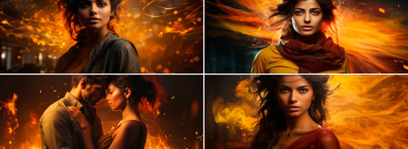 Collage of 4 photos. Indian movie trailer with a unique and stylish twist. Captivating visuals in a vibrant and curved wood style. A new artistic approach to Bollywood trailers.の素材