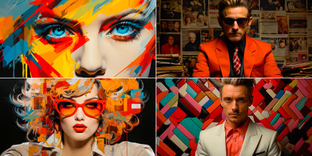 Collage of 4 The famous leader of the postmodern new wave in graphic design An influential trendsetter in the graphic language of the 90s The creator of innovative and unconventional design principlesの素材