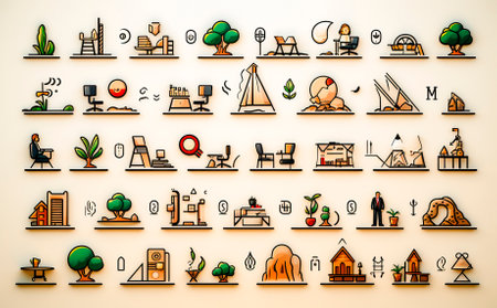 Flat outline icons for various business categories. Includes icons for finance, marketing, technology and more. Easy to use in presentations, websites and marketing materials.の素材