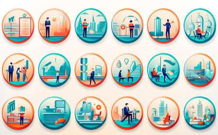 Includes icons for business people, documents, charts and more. Ideal for use in presentations, websites and marketing materials.の素材