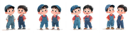 Two young cartoon boys dressed in red shirts and blue overalls, wearing caps, radiate joy and charm in a heartwarming, hand-painted digital art style.のイラスト素材