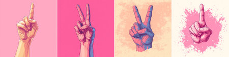 Set of hands with different gestures on colorful background. Vector illustration.のイラスト素材