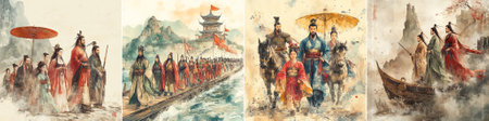 An imperial group, led by a determined warrior and a royal lady, strides through rugged terrain, illustrating courage, survival, and ancient Chinese resilience.のイラスト素材