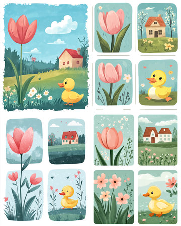 Vector artwork showing an adorable yellow duckling, pink tulips, and cozy countryside houses in a bright, floral spring landscape full of charm and innocence.のイラスト素材