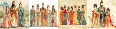 Vector illustration of Tang dynasty emperor and royal family in elegant traditional Chinese clothing with rich embroidery, symbolizing imperial grace and cultural history.のイラスト素材