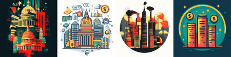 Set of vector illustrations of United States of America cities. Flat designのイラスト素材