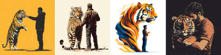 vector Stylized scene where a man firmly grips a tiger's tail, symbolizing control, courage, or risk, in a bold vector aesthetic with strong character design.のイラスト素材