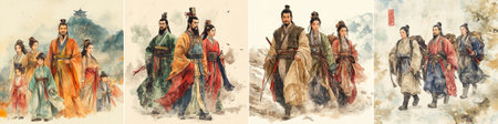 A royal family in exile walks through misty mountains, dressed in elegant robes and somber expressions, capturing a scene of dignity, loss, and perseverance.のイラスト素材