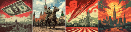 Illustrative depictions of catastrophic scenes including soldiers marching, meteor strikes, dramatic apocalyptic imagery, dollar currency symbolizing economic and political collapse in Russia.のイラスト素材