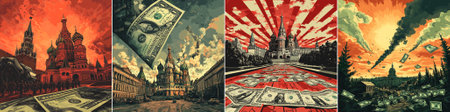 Vector. Artistic interpretation of US dollar invasion in Russia, money raining over Red Square, symbolic economic warfare, dramatic financial collapse with Kremlin scenery in intense red tones.のイラスト素材