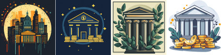 Set of vector illustrations with bank building, money coins and green leaves