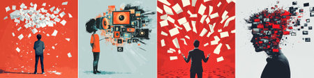 vector A lone figure turns away from a wall of floating media screens, symbolizing the rejection of legacy media in favor of clarity and individual awareness.のイラスト素材