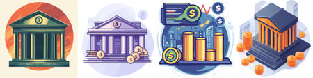 Bank and money exchange icons set. Vector illustration in cartoon style.のイラスト素材