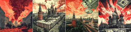 Vector. Vivid illustrations depicting conflict and destruction in iconic Russian locations, showing...