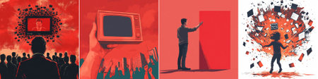 vector A woman resists a blast of legacy media icons, standing firm against overwhelming digital noise in this bold and symbolic illustrated vector.のイラスト素材