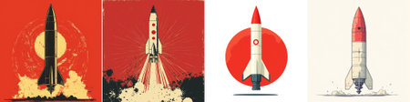 vector A set of stylized rockets with intense red tones, mid-launch, designed in a propaganda-like vintage vector style representing military strength and deterrence.のイラスト素材