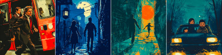 his intense vector illustration captures a dramatic kidnapping scene with bold outlines, mysterious silhouettes, and dynamic tension, evoking urgency and suspense that perfectly complements thrillerのイラスト素材