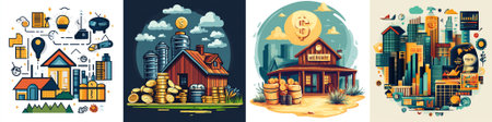 vector This refined vector illustration captures the essence of a Western market economy with elegant financial symbols and graphical data, highlighting innovation and corporate progressのイラスト素材