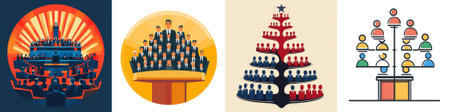 vector Hierarchy and leadership in democratic politics shown as a stylized tree structure and debate stage, symbolizing order, participation, and structure.のイラスト素材