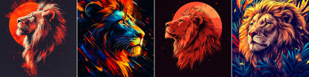 vector Glowing neon lion artwork radiates bravery, courage, and pride. The high-contrast lighting and vibrant palette give a bold and modern take on the lion's spirit.のイラスト素材
