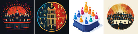 Vector illustration representing a multi-party political system with various politicians in suits around podiums, evoking themes of governance and democracy.のイラスト素材